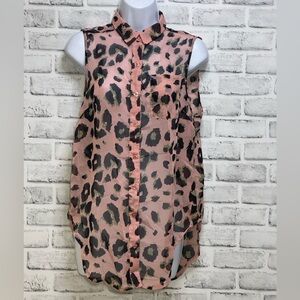 Roommates Sheer Tunic Style Leopard Print Button Up Blouse Extra Small
